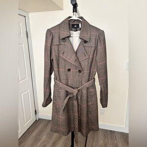 H&M Women's Trench Coat in Brown and Pink Plaid